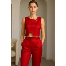 Nsm Asimetrik Saten Büstiyer Gold Düğmeli Crop Model Sade Şık Büsiyer