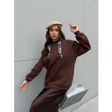 Minaaise Oversize Leopar Şal Detaylı Sweatshirts Kahverengi