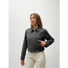 Maldia Shop Kadın Çizgili Fermuarlı Antrasit Crop Ceket