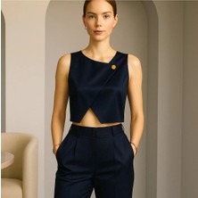 Nsm Asimetrik Saten Büstiyer Gold Düğmeli Crop Model Sade Şık Büsiyer