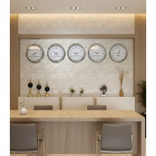 Butik 40 cm Krom Metal 5’li Seti-Otel Dünya Saatleri Duvar Saati