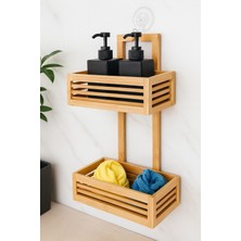 Iki Katlı Bambu Banyo Rafı, Askılı ve Vakumlu Organizer, Şık ve Pratik Tasarım