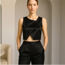 Nsm Asimetrik Saten Büstiyer Gold Düğmeli Crop Model Sade Şık Büsiyer