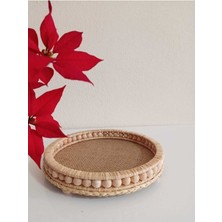 Doğal Ahşap Banyo Sepeti, Dekoratif Hasır Rafya Tepsi, Çap 20 cm