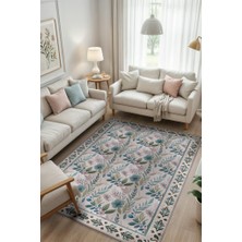 Homshtag El Çizimi Çiçek Desenli Yıkanabilir Oturma Odası Halısı, Ferah Salon Halısı,  Tamamlayıcı Pastel Oda Dekoru Halısı