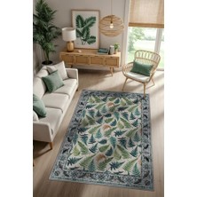 Homshtag Eğrelti Otu ve Ağaç Yaprağı Desenli Klasik Yıkanabilir Halı, Botanik Desenli Salon Halısı, Yeşil Doğal Ev Dekoru