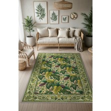 Homshtag Botanik Desenli Halı, Zeytin Yeşili Halı, Akdeniz Temalı Ev Dekoru, Yıkanabilir Dokuma Pamuk Tabanlı Halı