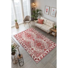 Homshtag Stilize Çiçek Motifli Kırmızı Salon Halısı, Yıkanabilir Etnik Desenli Otantik Halı