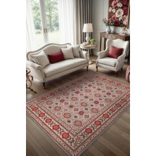 Homshtag Nar Rengi Çiçek Figürlü Antik Halı, Geleneksel Tarz Makinede Yıkanabilir Halı