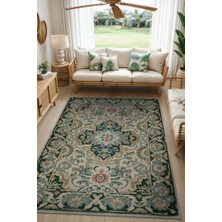 Homshtag Iran Halısı Tarzı Makinede Yıkanabilir Vintage Halı, Yeşil Mavi Halı, Şönil Halı