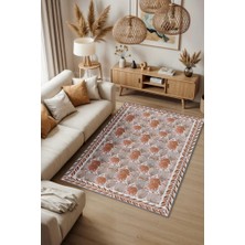 Homshtag Terrakota Bitki Desenli Halı, Suluboya Efektli Turuncu Halı, Soyut Meyve Desenli Yıkanabilir Halı