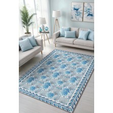 Homshtag Pastel Mavi Botanik Bohem Halı, Çiçek Desenli Salon Halısı, Yıkanabilir Dokuma Pamuk Tabanlı Kaymaz Tabanlı Halı