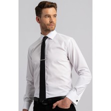 Tudors Modern Slim Fit Çift Manşet Erkek Beyaz Gömlek