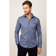 Tudors Modern Slim Fit Uzun Kollu Pamuklu Kolay Ütü Armürlü Erkek Lacivert Gömlek
