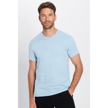 Tudors Unisex Slim Fit Dar Kesim %100 Pamuk Yumuşak Dokulu Mavi Bisiklet Yaka Tişört
