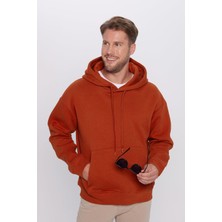 Tudors Unisex Oversize Geniş Kesim Pamuklu Yumuşak Dokulu Içi Polarlı Basic Kiremit Renk Kapüşonlu Sweatshi