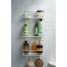 Paslanmaz Beyaz 3 Katlı Yapışkanlı Banyo Duş Rafı, Şampuanlık, 4 Kancalı, Dayanıklı