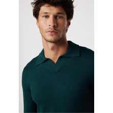 Tudors Erkek Standart Fit Normal Kesim Polo V Yaka Yeşil Triko Kazak