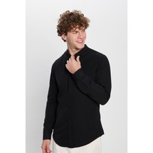 Tudors Erkek Slim Fit Dar Kesim Pamuklu Kolay Ütü Siyah Hakim Yaka Gömlek