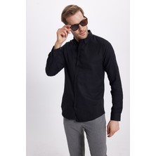 Tudors Erkek Slim Fit Dar Kesim Uzun Kollu Pamuklu Oxford Doku Kolay Ütü Siyah Düğmeli Yaka Gömlek