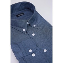 Tudors Büyük Beden Uzun Kollu Oxford Doku Yaka Düğmeli Cepli Nakışlı Mavi Erkek Gömlek