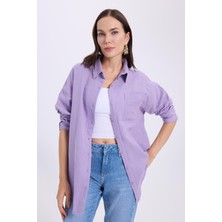 Tudors Kadın Oversize Geniş Kesim %100 Pamuk Müslin Kumaş Uzun Kollu Cepli Dokulu Açık Mor Gömlek