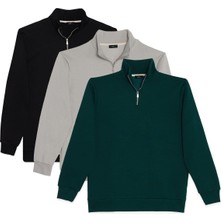 Tudors Unisex 3'lü Paket Siyah-Taş-Haki Relax Fit Pamuklu Yarım Fermuarlı Dik Yaka Sweatshirt