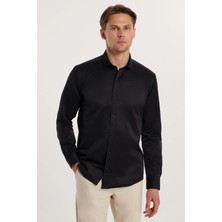 Tudors Modern Slim Fit Uzun Kollu Düz Saten Pamuklu Erkek Siyah Gömlek