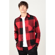 Tudors Slim Fit Uzun Kollu Kışlık Oduncu Dama Desen Tek Cepli Erkek Kırmızı Gömlek