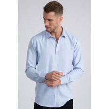 Tudors Modern Slim Fit Uzun Kollu Pamuklu Kolay Ütü Armürlü Erkek Mavi Gömlek