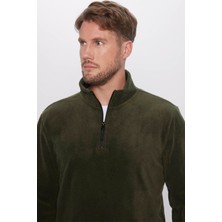 Tudors Unisex Standart Fit Rahat Kesim Tüylenme Yapmayan Soğuk Geçirmez Koyu Haki Dik Yaka Polar Sweatshirt