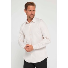 Tudors Slim Fit Uzun Kollu Kolay Ütü Teri Emen Nefes Alan Doku Kravatlık Dört Mevsim Taş Renk Erkek Gömlek