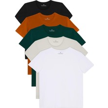 Tudors Unisex 5'li Paket Siyah-Beyaz-Taş-Tarçın-Z.yeşil Slim Fit Dar Kesim %100 Pamuk Bisiklet Yaka Tişört​​​​​​​