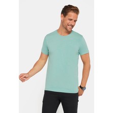 Tudors Erkek Slim Fit Dar Kesim Pamuklu Yumuşak Doku Likralı Esnek Kumaş Basic Yeşil Bisiklet Yaka Tişört