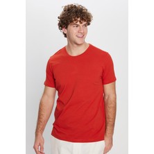 Tudors Erkek Slim Fit Dar Kesim Pamuklu Yumuşak Doku Likralı Esnek Kumaş Basic Kiremit Bisiklet Yaka Tişört