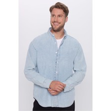 Tudors Erkek Relax Fit Rahat Kesim %100 Pamuk Denim Kot Mavi Düğmeli Yaka Gömlek