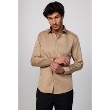 Tudors Erkek Modern Slim Fit Düz Saten Pamuklu Krem Gri Gömlek