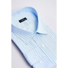 Tudors Erkek Büyük Beden Kravatlık Yaka Çizgili Tek Cepli Mavi Gömlek