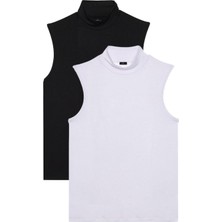 Tudors Kadın 2'li Paket Siyah-Beyaz Regular Fit Klasik Kesim Viskon Kumaş Balıkçı Yaka Sıfır Kol Bluz