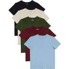 Tudors Unisex 5'li Paket Lacivert-Taş-Haki-Bordo-A.Mavi Slim Fit Dar Kesim %100 Pamuk Bisiklet Yaka Tişört