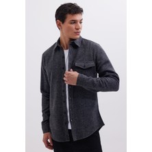 Tudors Erkek Slim Fit Tek Cep Kapaklı Düz Oduncu Spor Koyu Gri Gömlek