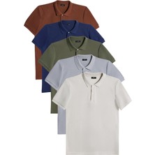 Tudors Erkek 5'li Paket Kahverengi-Lacivert-Haki-Gri-Açık Gri Slim Fit Pamuklu Düz Pike Polo Yaka Tişört