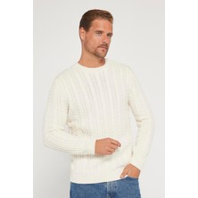 Tudors Erkek Bisiklet Yaka Saç Örgü Desenli Ekru Triko Kazak