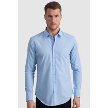 Tudors Erkek Slim Fit Dar Kesim Pamuklu Terry Cotton Kumaş Kolay Ütü Mavi Gömlek