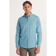 Tudors Erkek Slim Fit Dar Kesim Uzun Kollu Pamuklu Oxford Doku Petrol Renk Düğmeli Yaka Gömlek