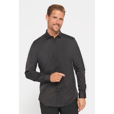 Tudors Slim Fit Uzun Kollu Likralı Düz Pamuk Saten Erkek Siyah Gömlek