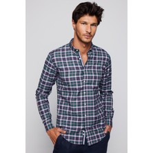 Tudors Erkek Slim Fit Dar Kesim Uzun Kollu Pamuklu Kolay Ütü Kareli Düğmeli Yaka Gömlek