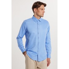 Tudors Slim Fit Uzun Kollu Kolay Ütü Teri Emen Nefes Alan Doku Kravatlık Dört Mevsim Mavi Erkek Gömlek