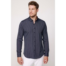 Tudors Erkek Slim Fit Dar Kesim Uzun Kollu Pamuklu Kolay Ütü Çizgili Lacivert Düğmeli Yaka Gömlek