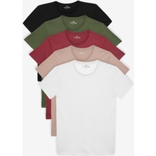 Tudors Unisex 5'li Paket Siyah-Beyaz-Haki-Bordo-Vizon Slim Fit Dar Kesim %100 Pamuk Bisiklet Yaka T-Shirt